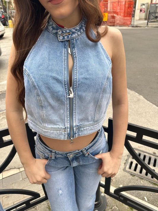 Top denim scollo schiena