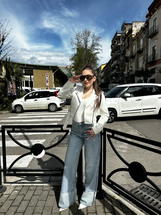 Giubbino pelle cinta bianco